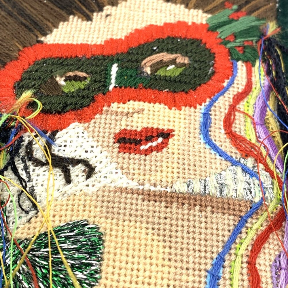 Vintage Handstitched Needlepoint Art Deco Pillow Flapper Masquerade Mask 6.5"x5" - Picture 8 of 10